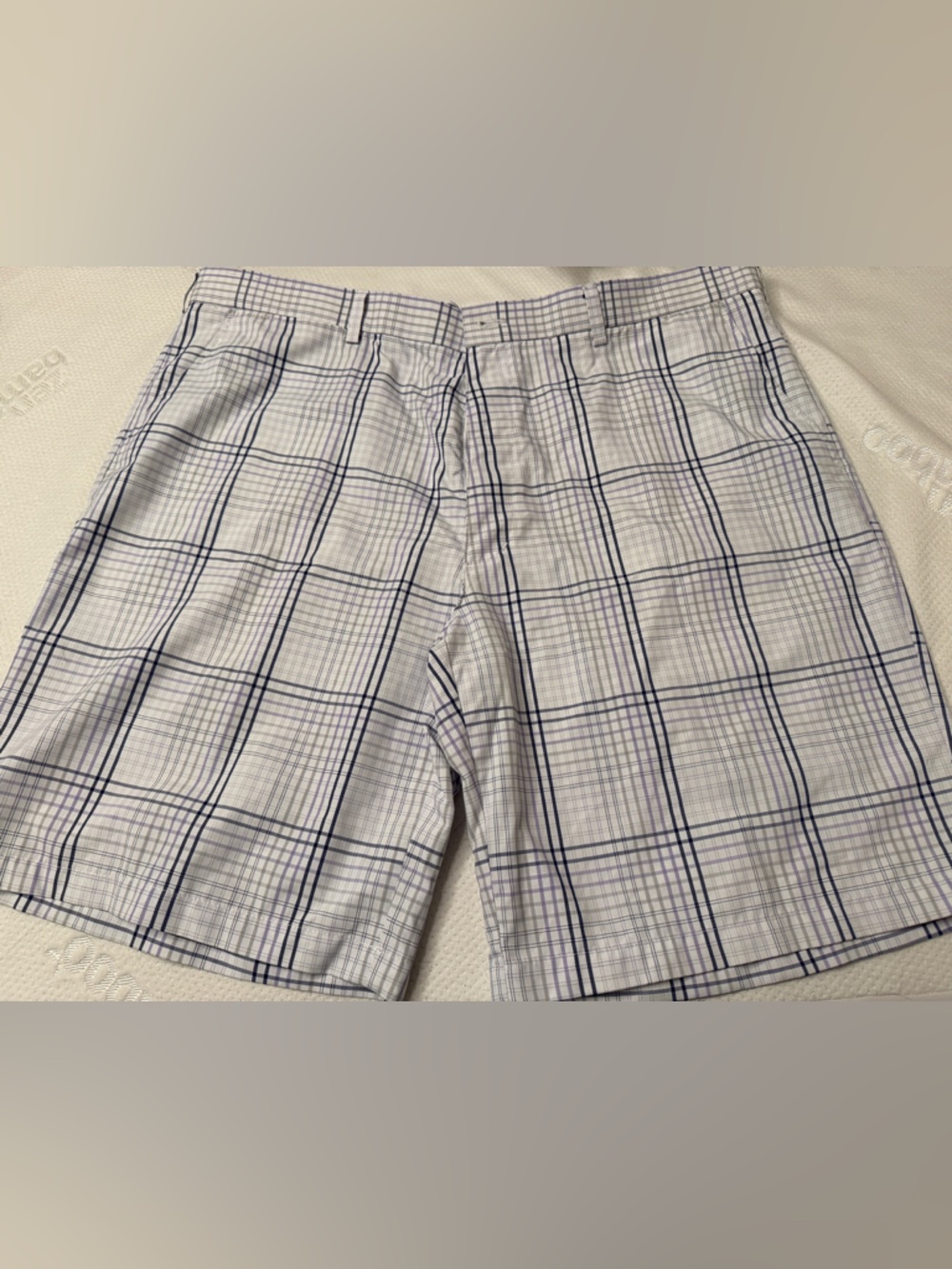 Light Plaid Cotton Shorts in White and Navy and Purple Striping